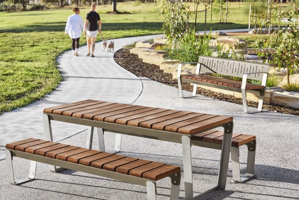 metal and timber table and benches